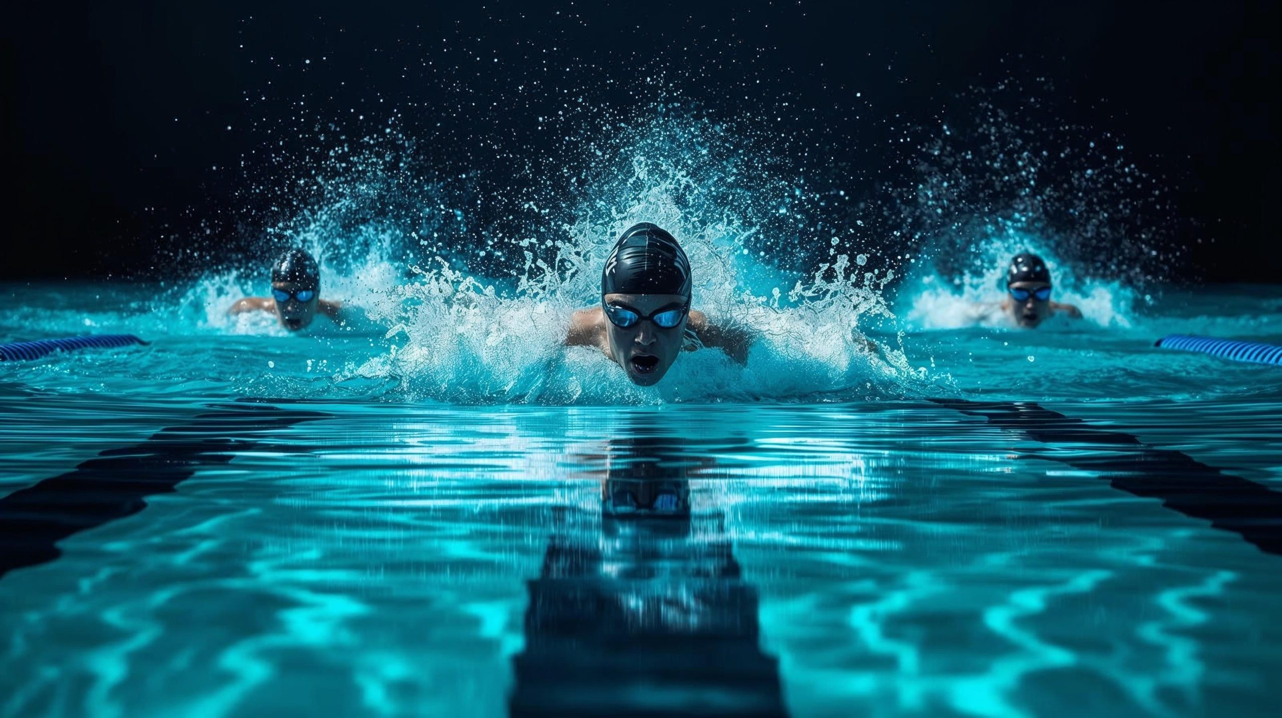 Dynamische Nahaufnahme eines Schwimmers, der im Wettkampfstil durch ein hell beleuchtetes Becken gleitet, mit kraftvollen Wasserspritzern und zwei weiteren Schwimmern im Hintergrund.