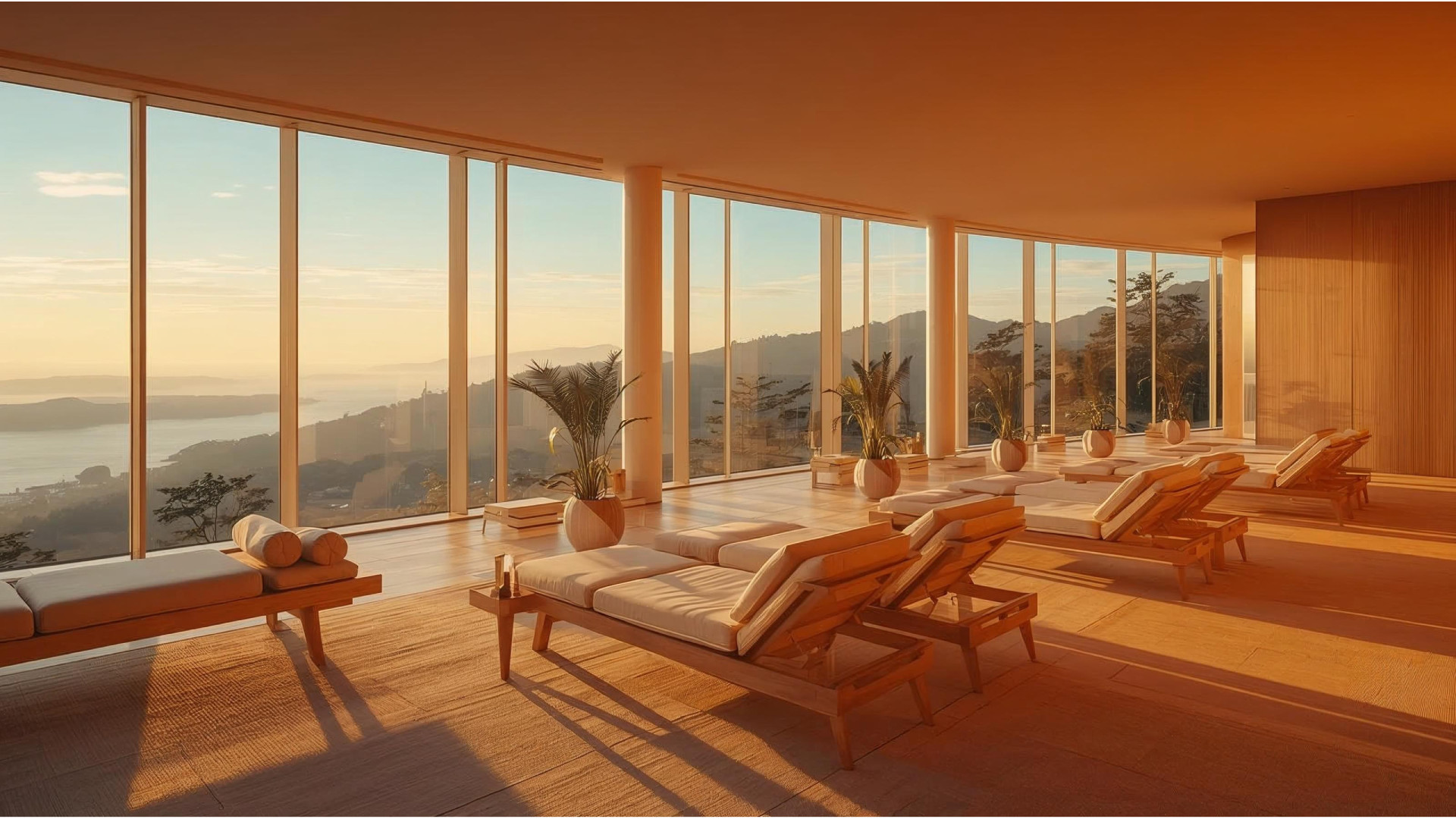 Vier komfortable Liegen in einer Reihe in einem Panoramaraum, eine liegt links mittig im Bild. Alle Liegen sind zum großen Panoramafenster hin ausgerichtet. Der Raum ist hell, freundlich und einladend, ideal zum Entspannen und Wohlfühlen.