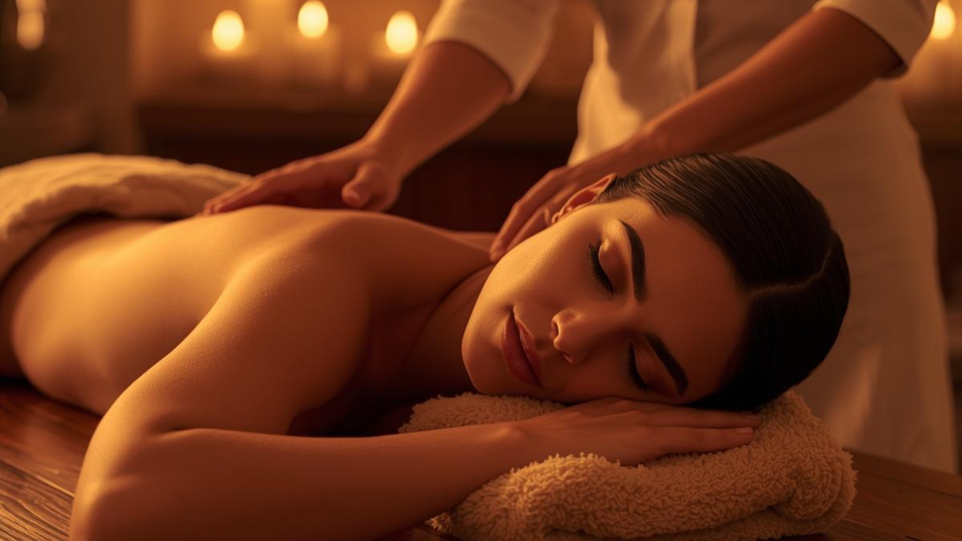 Eine Frau liegt entspannt auf dem Bauch auf einer Massageliege, während eine professionelle Masseurin ihren Rücken massiert.