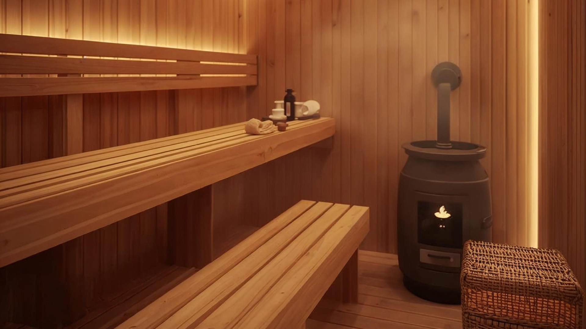 Helle Sauna mit einer langen Holzbettbank. Rechts neben der Bank steht der Saunaofen, rechts unten im Bild befindet sich ein Korb. Am hinteren Teil der Bank liegen verschiedene Sauna-Utensilien. Die Szene wirkt sauber, ruhig und einladend.