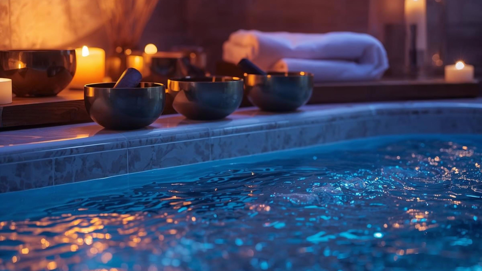 Drei Klangschalen stehen auf dem Beckenrand eines Solebads, dessen Wasser den größten Teil des Bildes einnimmt. Sanftes blaues Licht beleuchtet das Wasser, während der Hintergrund in warmem Rot- und Kerzenlicht schimmert.